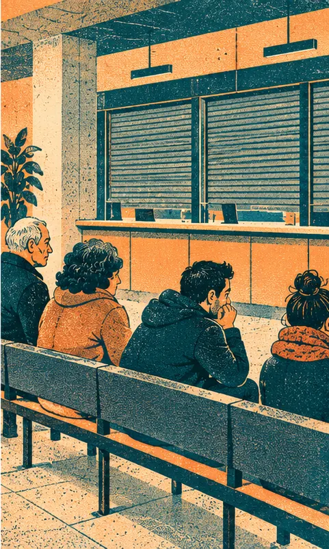 Citizens waiting on a long bench in front of a closed service counter
