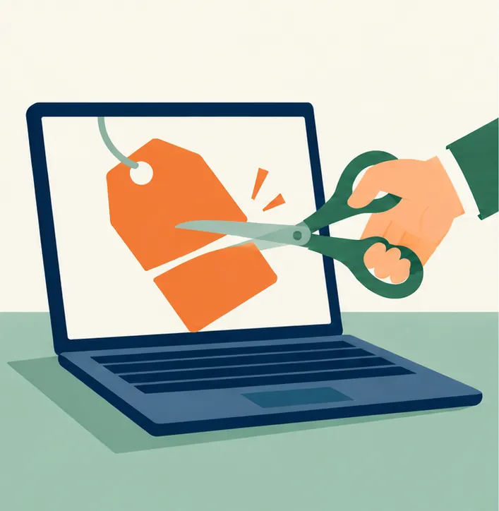 A price tag on a laptop being cut down with large scissors