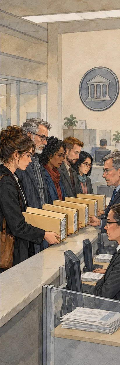Privacy advocates hand five folders of complaints across counters to regulators in plain government offices