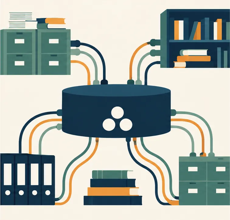 Many cables run from filing cabinets and law libraries into one central hub
