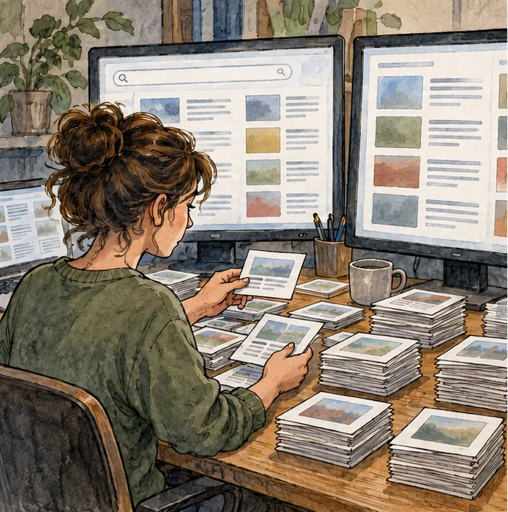 A researcher at a desk sampling many search results on screens, sorting cards into piles