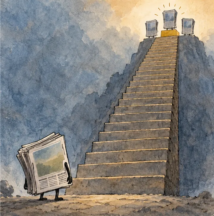 A small independent newspaper left at the bottom of a long ladder, looking up