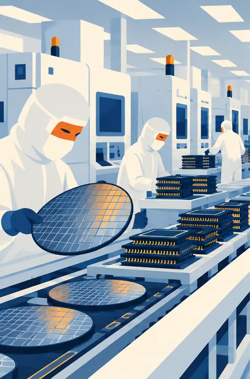 Silicon wafers and stacked memory chips move along a clean-room production line