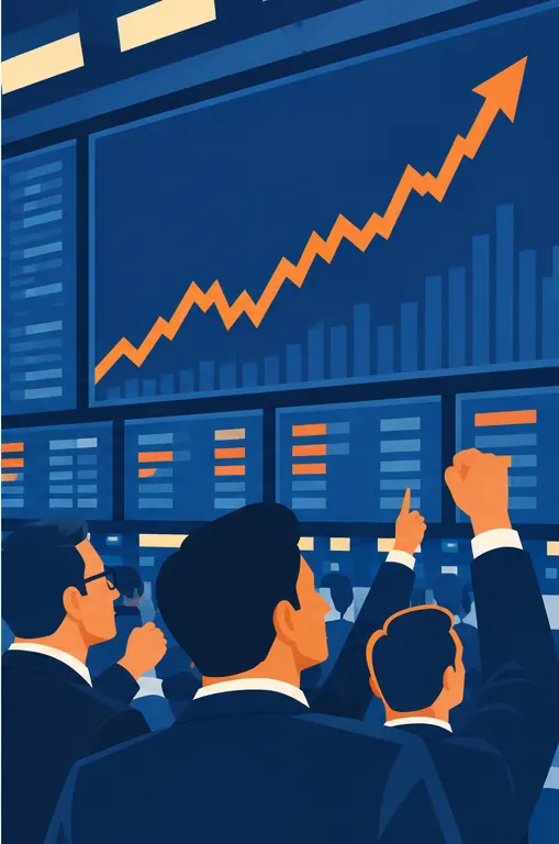 Traders watch a stock chart line climb steeply on a trading-floor screen