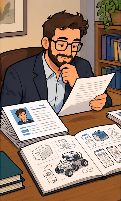 A hiring manager reading through a résumé and a portfolio of prototype sketches on a desk