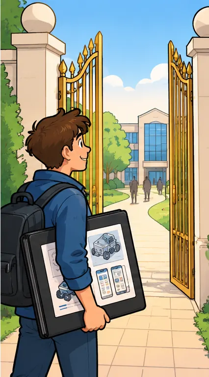 A recent graduate standing at a gate that opens only for people carrying a finished portfolio