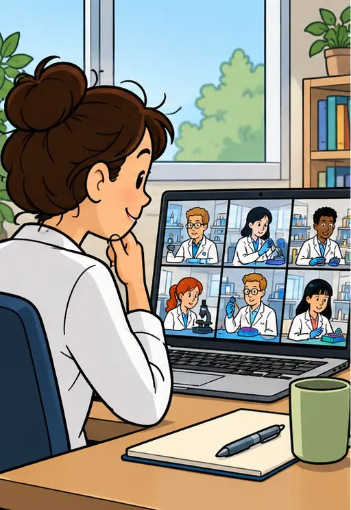 A single founder at a laptop coordinating video calls with many separate lab benches shown in small windows