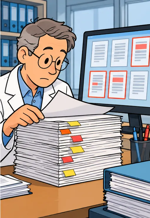 A reviewer flipping through a tall stack of manufacturing documents while a screen highlights several flagged pages