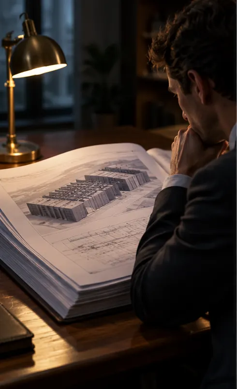 A thick document lying open on a desk, a figure reading it with a lamp