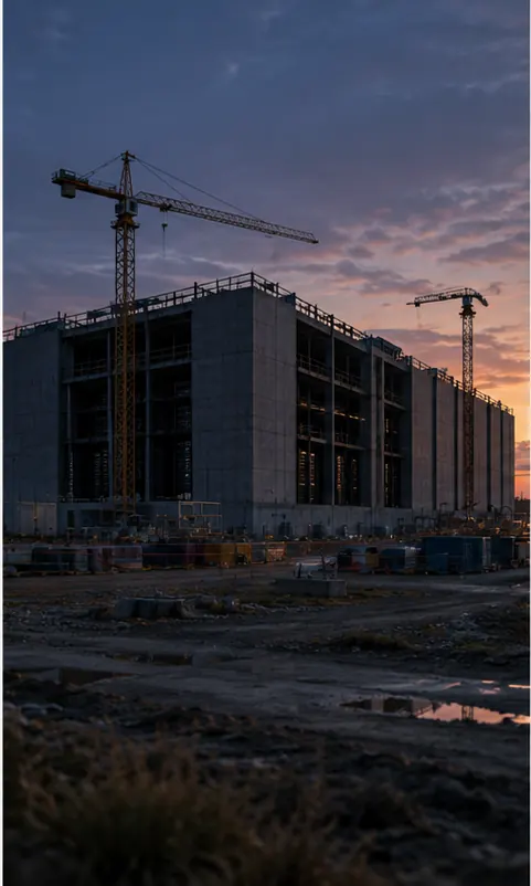 A half-built data centre at dusk with its lights dark, waiting for power