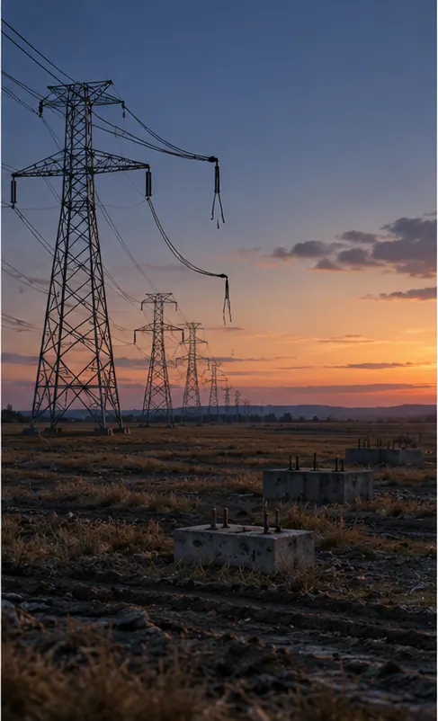 Unfinished high-voltage power lines stopping short of the building in an empty field