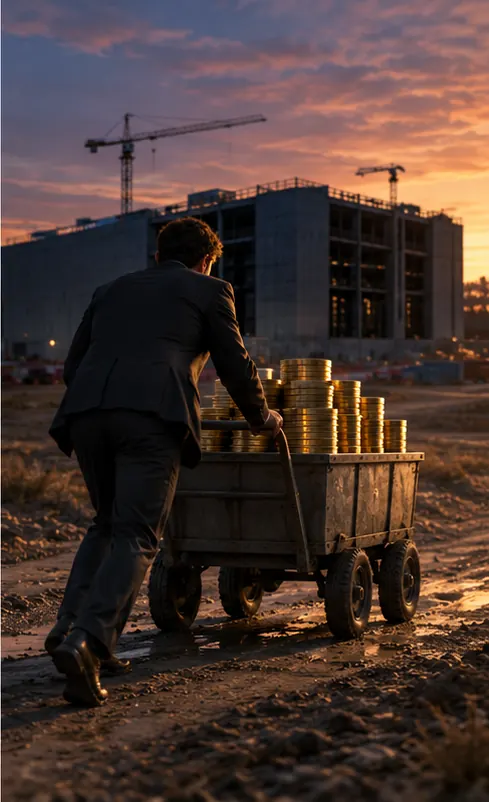 A figure pushing a heavy cart of coins toward the dark building anyway