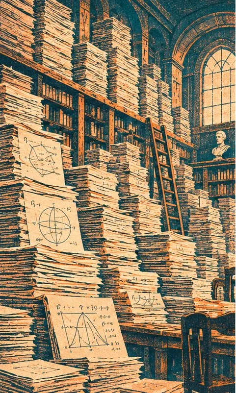 Towering stacks of old printed mathematics papers filling a library room