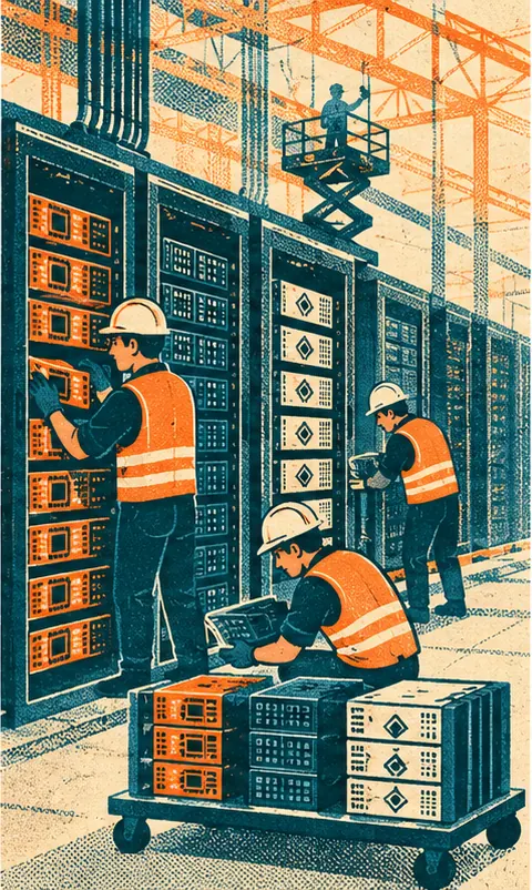 A data centre under construction being fitted with racks of these varied chips
