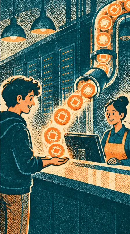 A customer at a counter renting a steady stream of glowing tokens flowing through a pipe