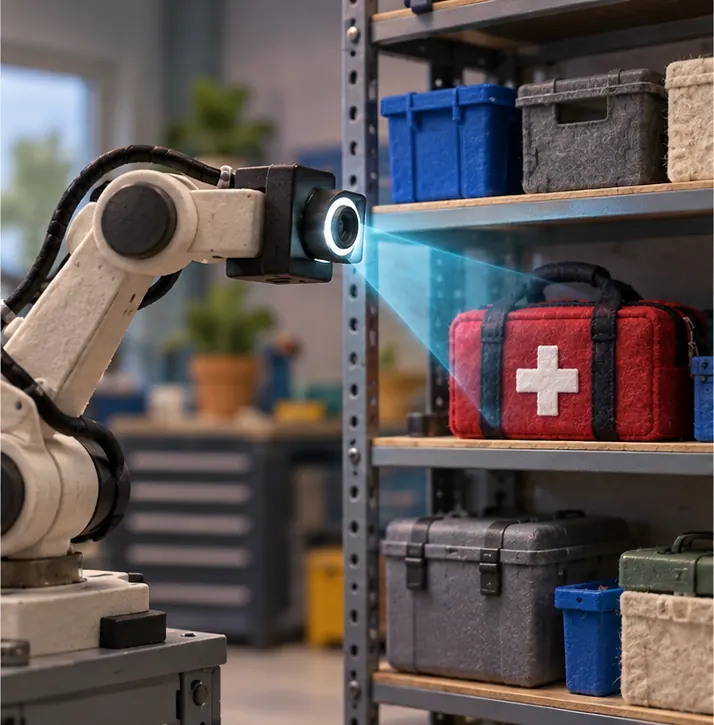 The robot arm's camera finds a medical bag on a shelf