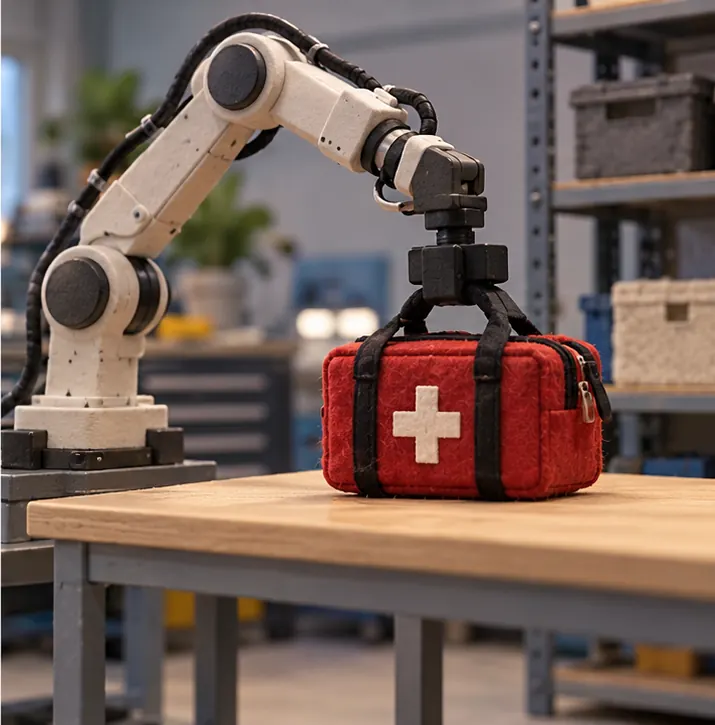 The robot arm lifts the medical bag and sets it down on a table