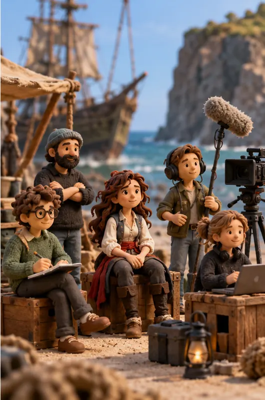 A film crew of writers, actors and editors standing around idle by a quiet set