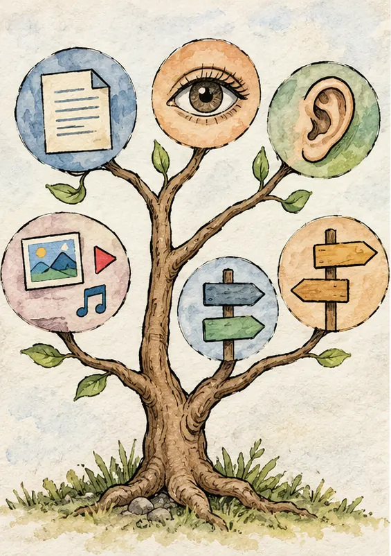 One shared spine-like trunk with six small branches growing from it, each ending in a different small device: a page, an eye, an ear, a combined icon and two signposts