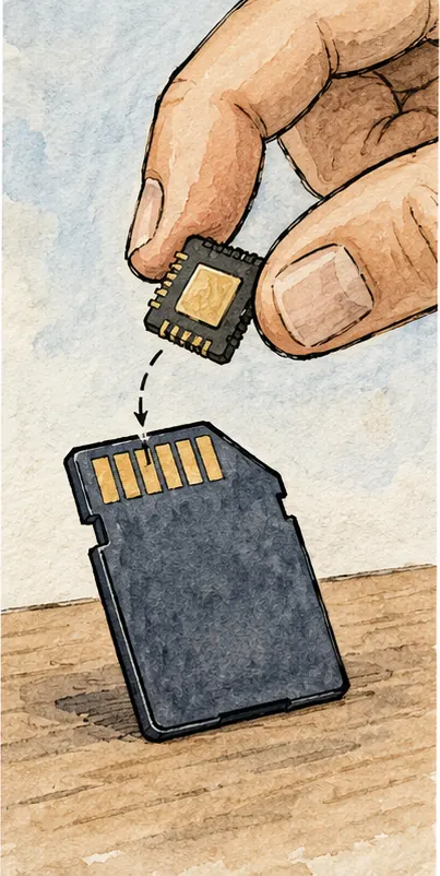 A tiny model chip slipping easily into a small memory card
