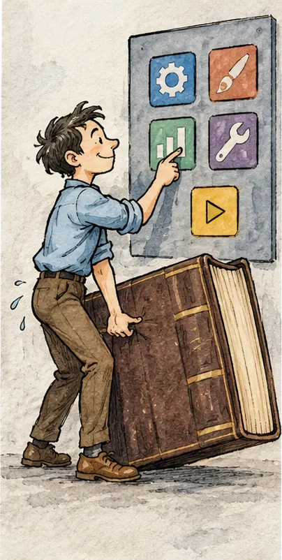A small figure confidently pressing tool buttons on a panel while struggling to lift a heavy encyclopedia