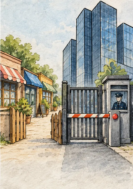 A small open gate for little shops and a closed gate with a toll booth for a large corporate building