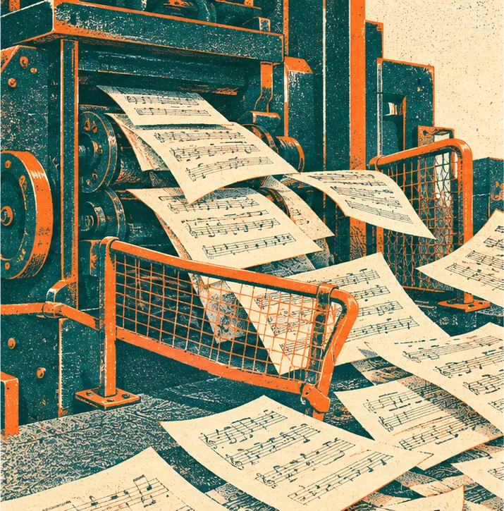 The machine pushes out pages of music past a flimsy guard rail meant to stop them