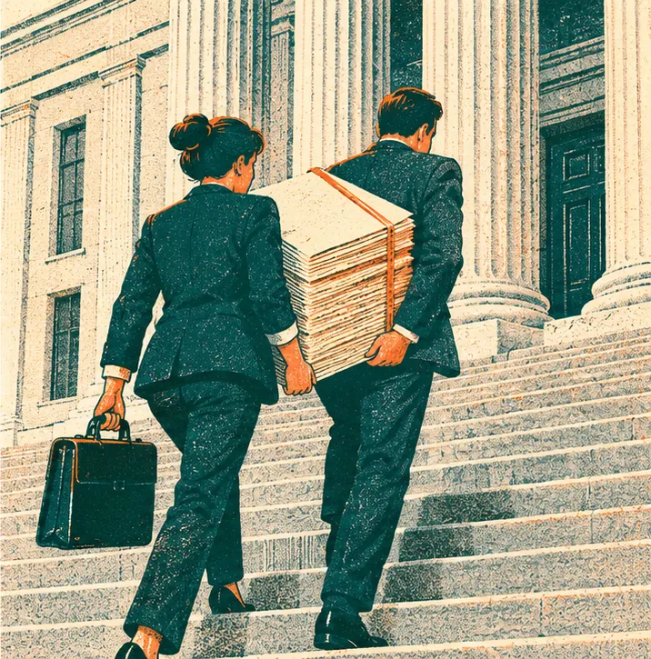 Lawyers carry a thick legal complaint up the steps of a plain federal courthouse