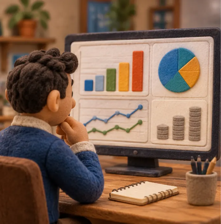 A manager studies a dashboard of plain charts showing what a team produced and what it cost