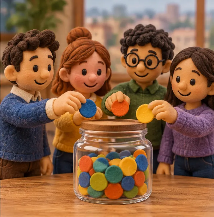 Team members drop tokens together into one shared jar