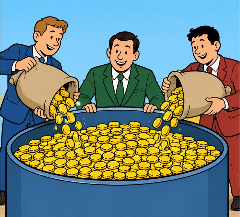 Two chip suppliers each dropping a bag of coins into a much larger pool of coins held by a customer