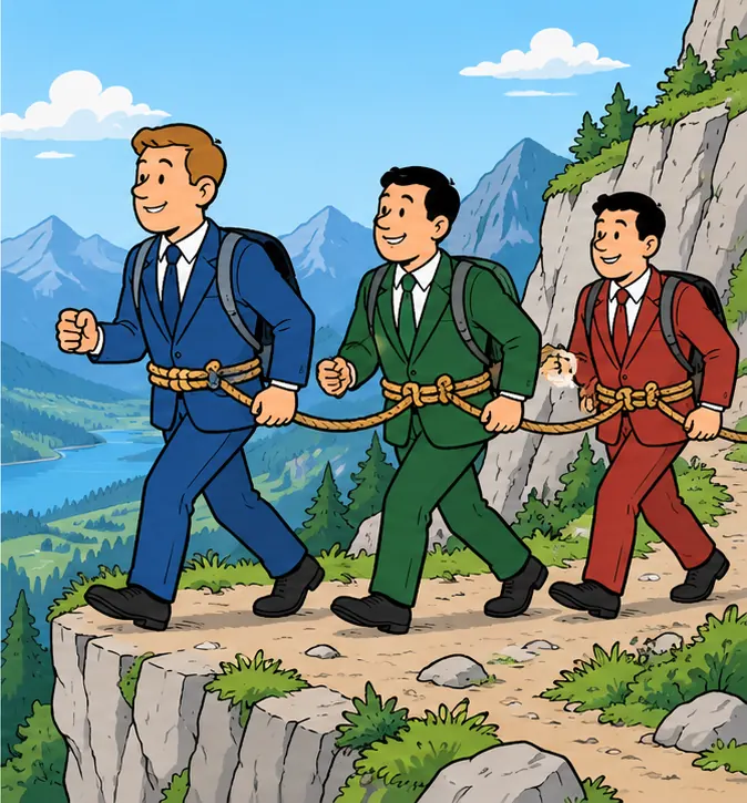 The two suppliers and the customer joined by ropes tied around their waists, walking together along a narrow path