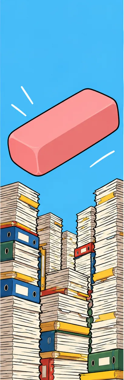 A giant eraser hovers above stacks of government documents, not yet touching them