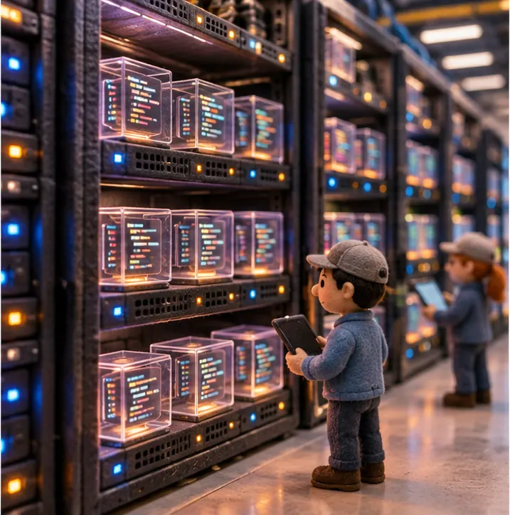 A separate row of CPU servers running small boxes of code, each sealed inside a clear protective casing