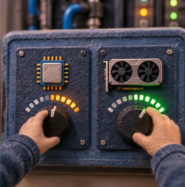 Two dials on a control panel, one for CPU and one for GPU capacity, turned to different levels