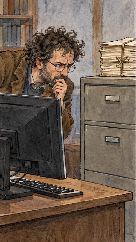 A computer terminal next to a closed drawer of unpublished manuscripts, one mathematician peering at it suspiciously