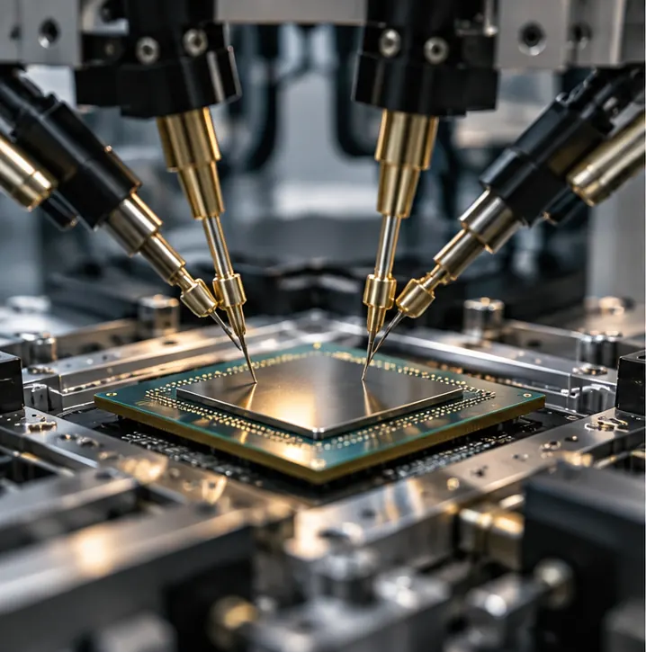A chip-testing machine with probe arms pressing onto an AI accelerator chip.