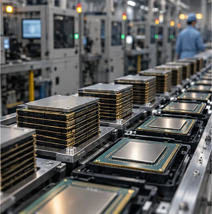 A long queue of memory stacks and accelerator chips waiting on a conveyor for a free tester.