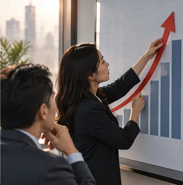 In an office, a forecast arrow on a wall chart being moved higher.