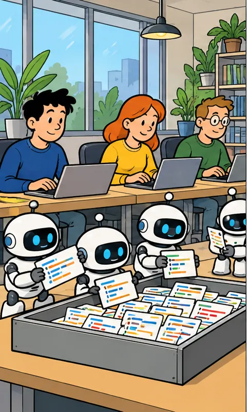 Developers at desks while small robots drop a growing share of code change cards into a shared review tray.