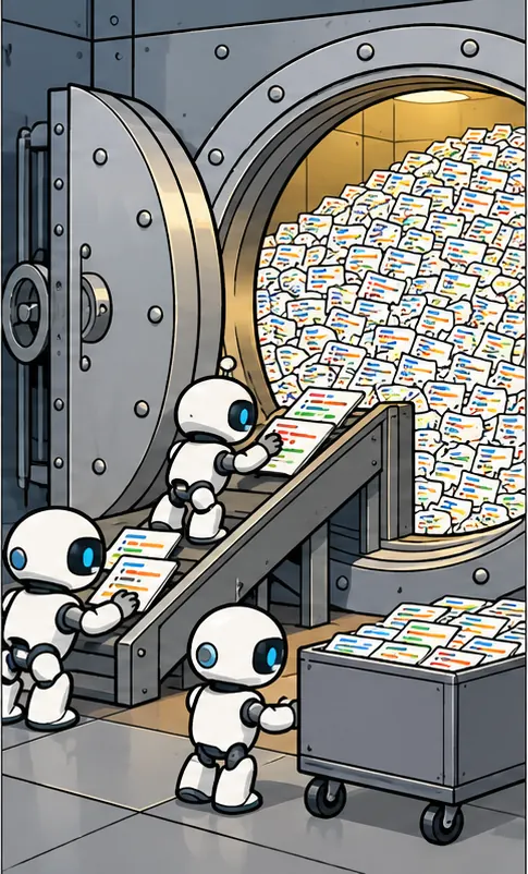 A mountain of tiny code commit cards being pushed into a large vault.