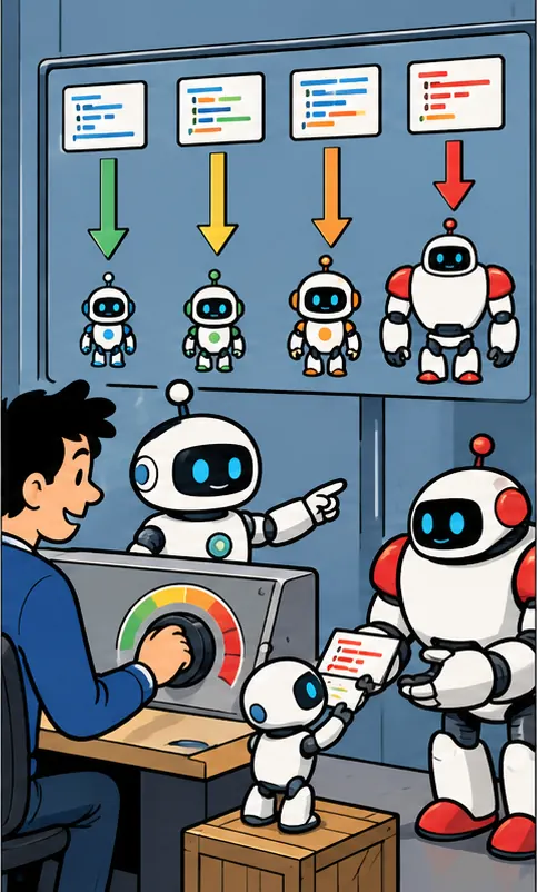 A developer turns an effort dial and a dispatcher routes each task to different robots, a small robot handing a hard task up to a bigger one.