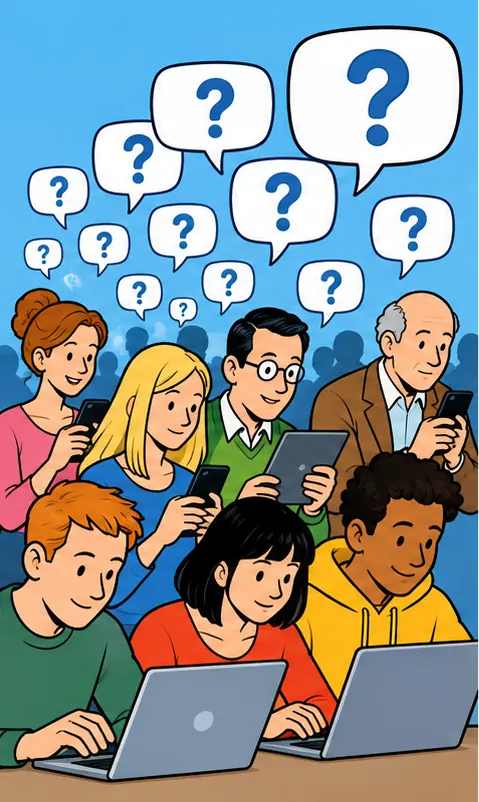 Crowds of people typing questions into a chat-style search box, a stream of question bubbles rising and growing.