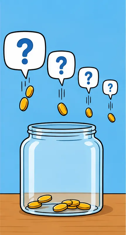 Each question bubble drops only a couple of small coins into a jar, fewer than before.