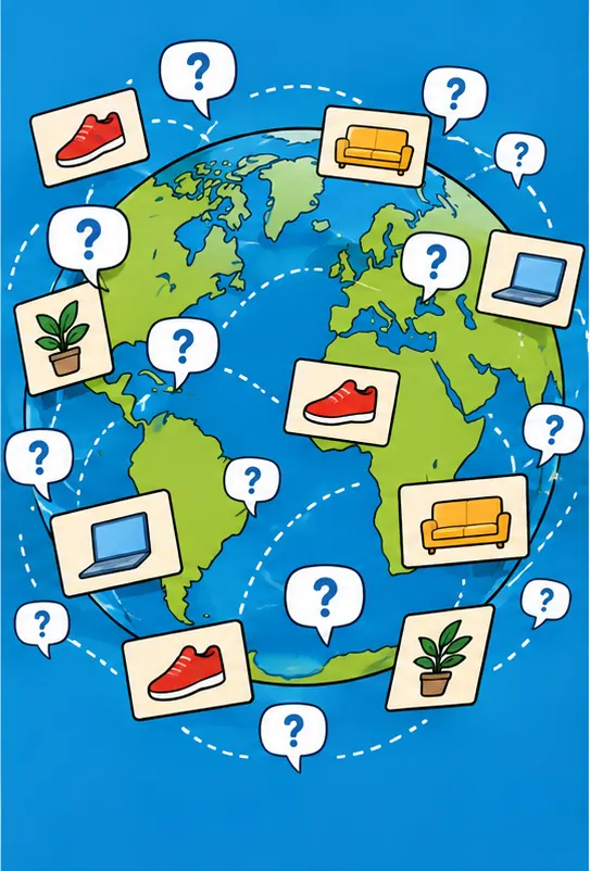 Small advertisement cards slotted between conversation bubbles, spreading across a globe.