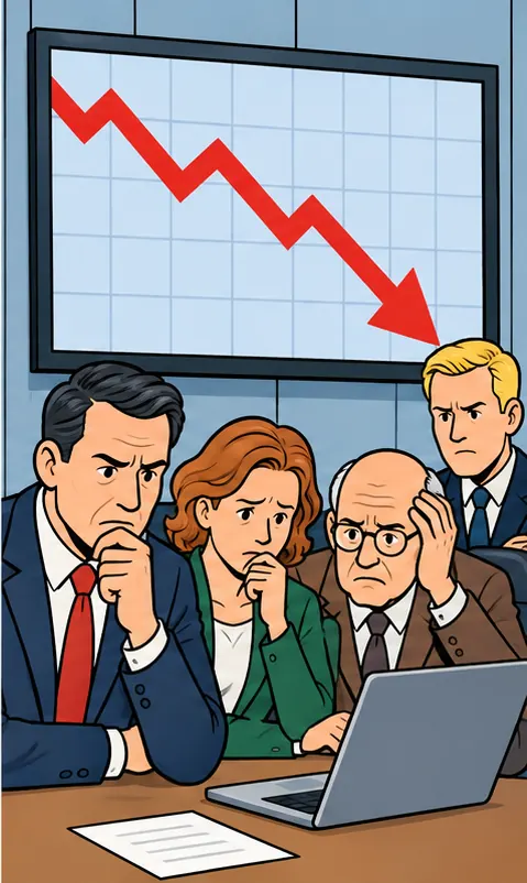 Investors frowning at a large downward arrow on a screen.