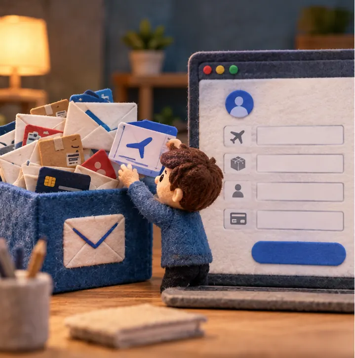 A web form being filled in by a small helper that reaches into an email inbox full of envelopes.