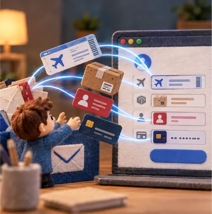 Flight tickets, parcels, membership cards and a payment card flowing from the inbox into the form's fields.