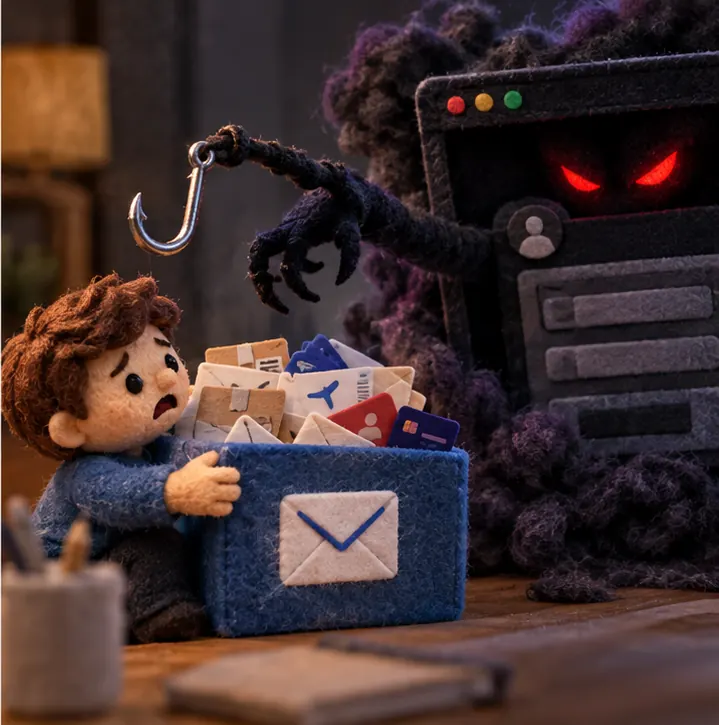 A shadowy malicious web page reaching a hooked arm toward the helper and its inbox.