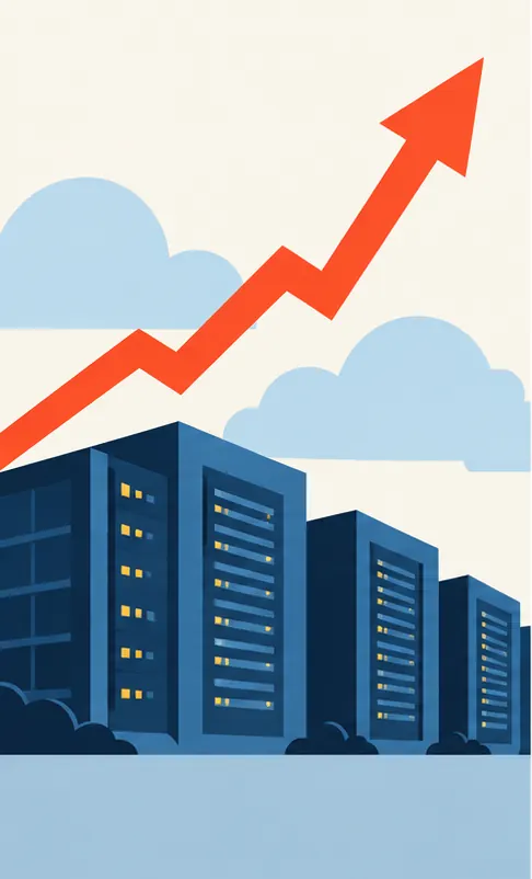 A cloud data center with a growth arrow rising steeply above it.